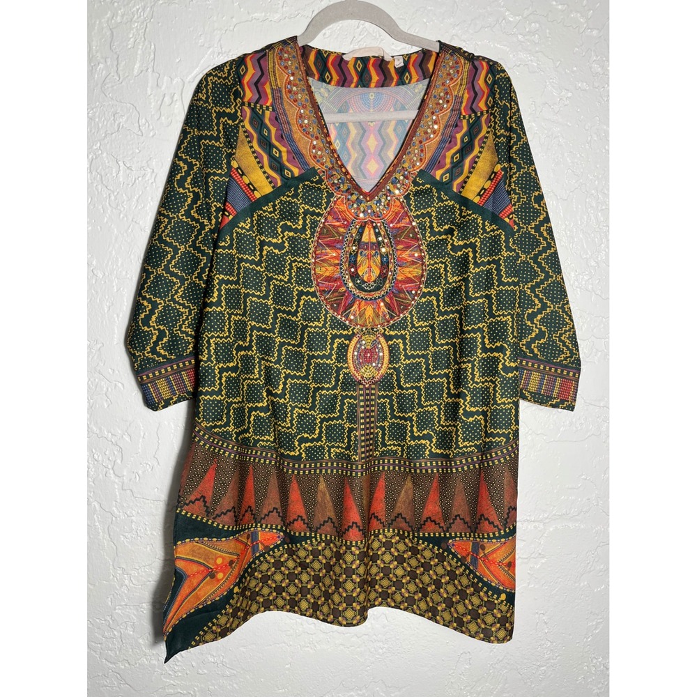 Soft Surroundings Embellished Mosaic Print Tunic Top M Boho Stretch Knit